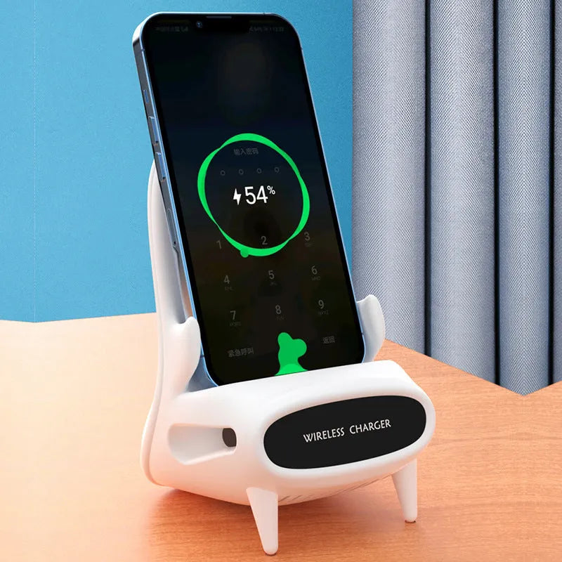 White portable mini chair wireless charger stand with Type-C input and Qi fast charge capability on a desk