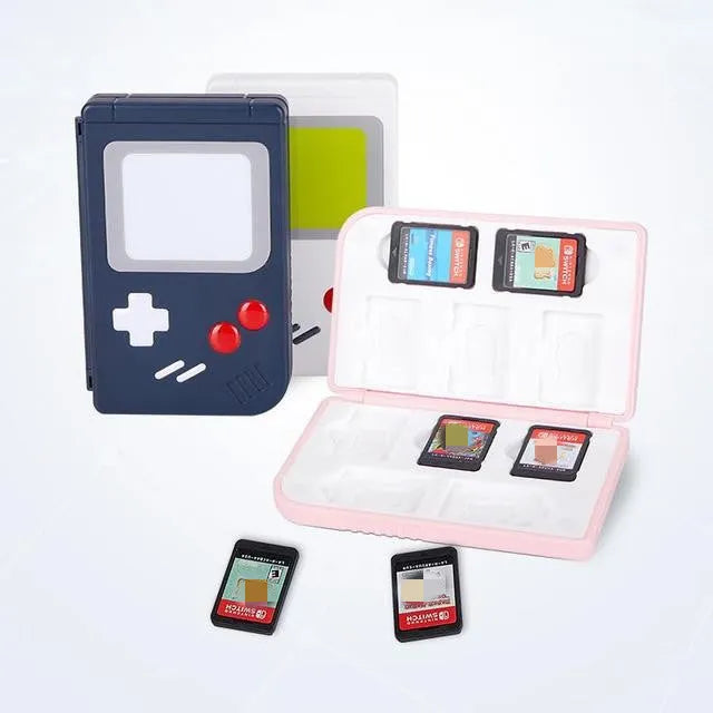Switch game card storage box in blue holding Nintendo Switch game cartridges
