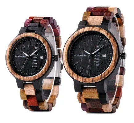 Round wooden men's casual watch with week calendar display on a white background