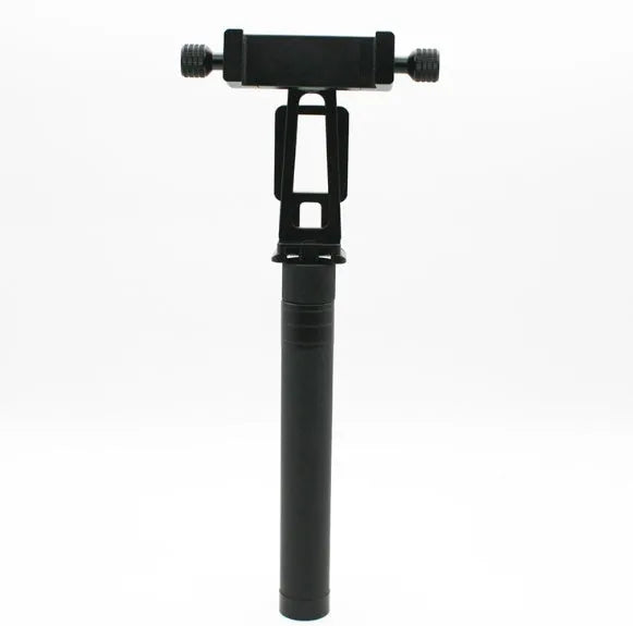Black retractable aluminium selfie stick extended with phone attached and Bluetooth remote