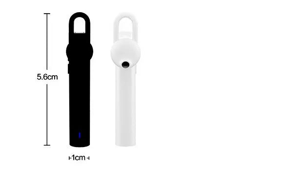 Compact wireless Bluetooth headset in black, measuring 5.6 cm x 1 cm x 0.8 cm, with earpiece and charging port visible