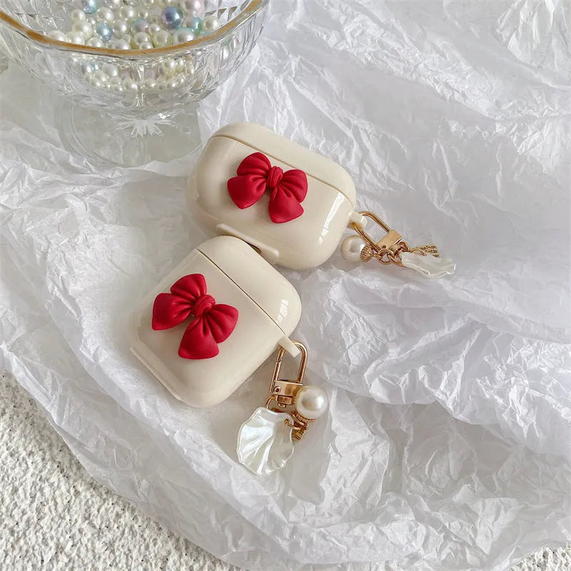 Beige red bow shell pendant TPU case for AirPods Pro wireless earphones