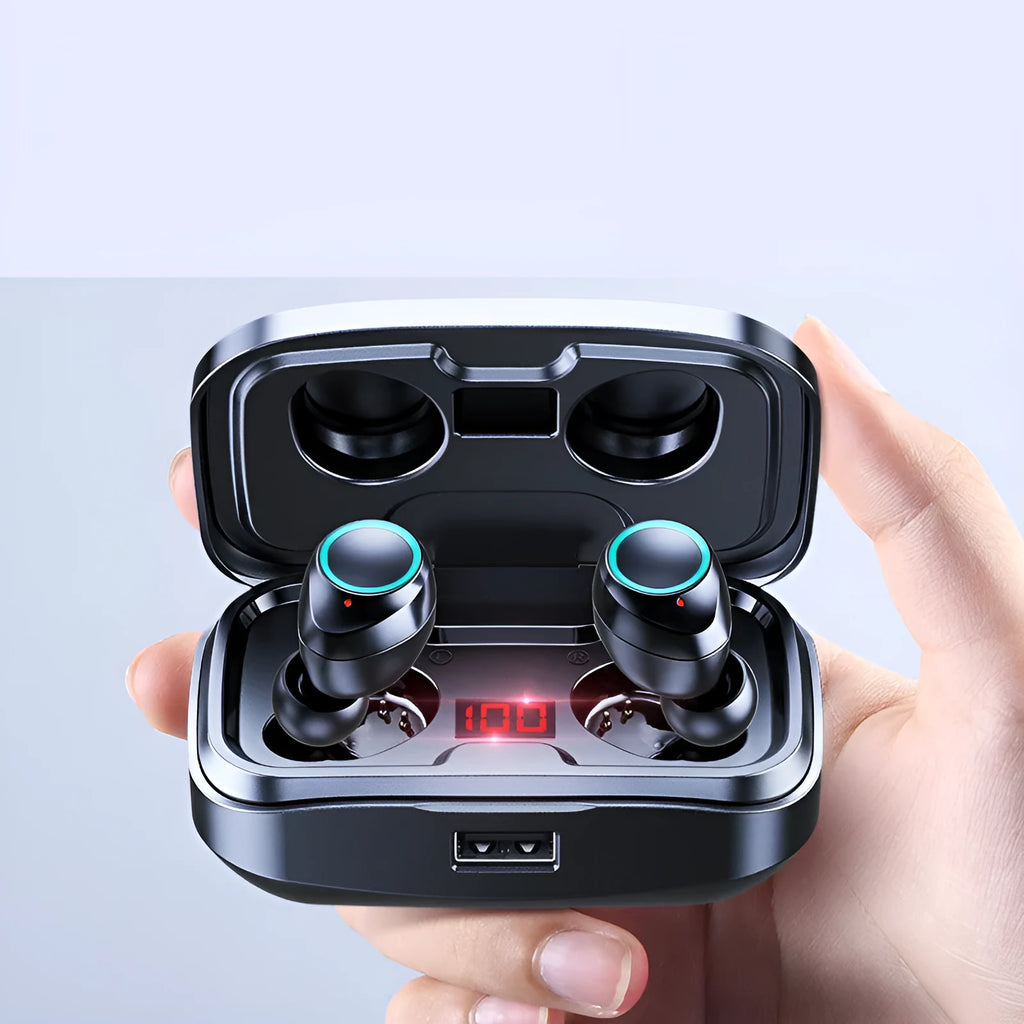 Black, blue, and red wireless in-ear Bluetooth headphones with private mould tips on a white background.