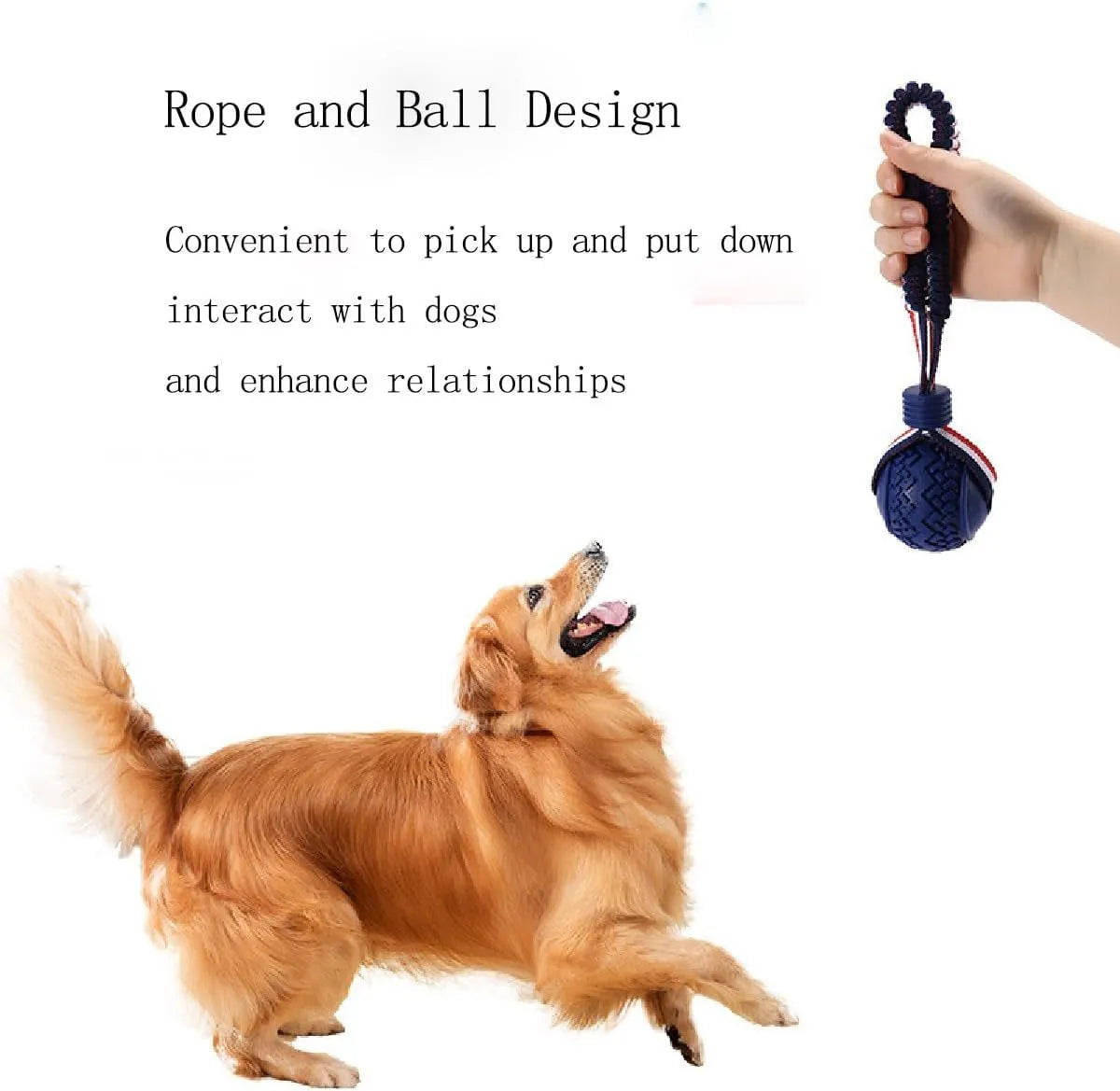 Blue natural rubber dog ball attached to a rope toy for small breeds, showing textured surface.