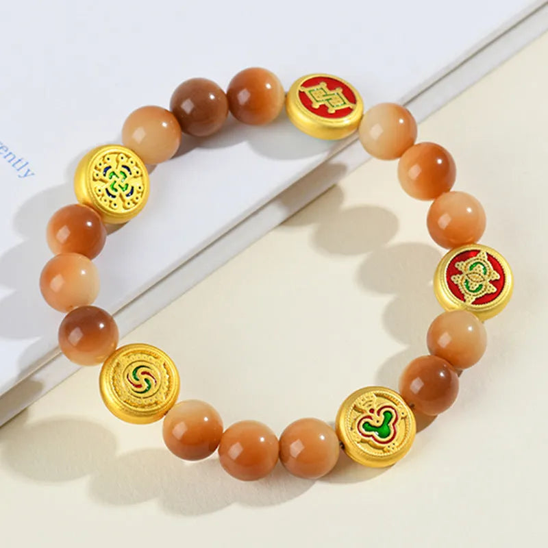 Handmade bodhi seed bracelet with yellow round beads in geometric five-directions design