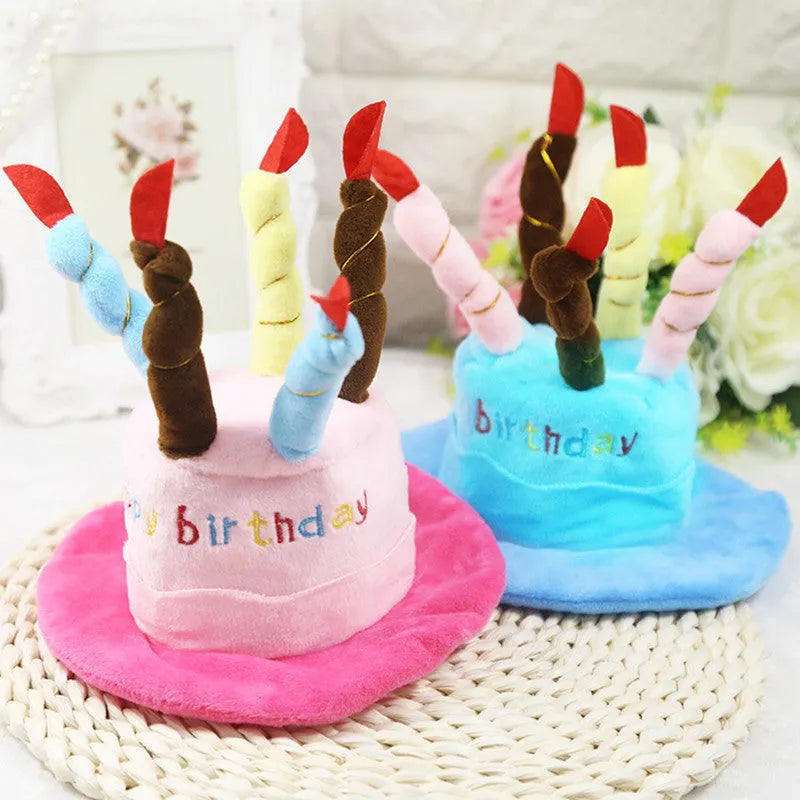 Blue and pink toy dog birthday hats showing 21cm width dimensions on plush animal