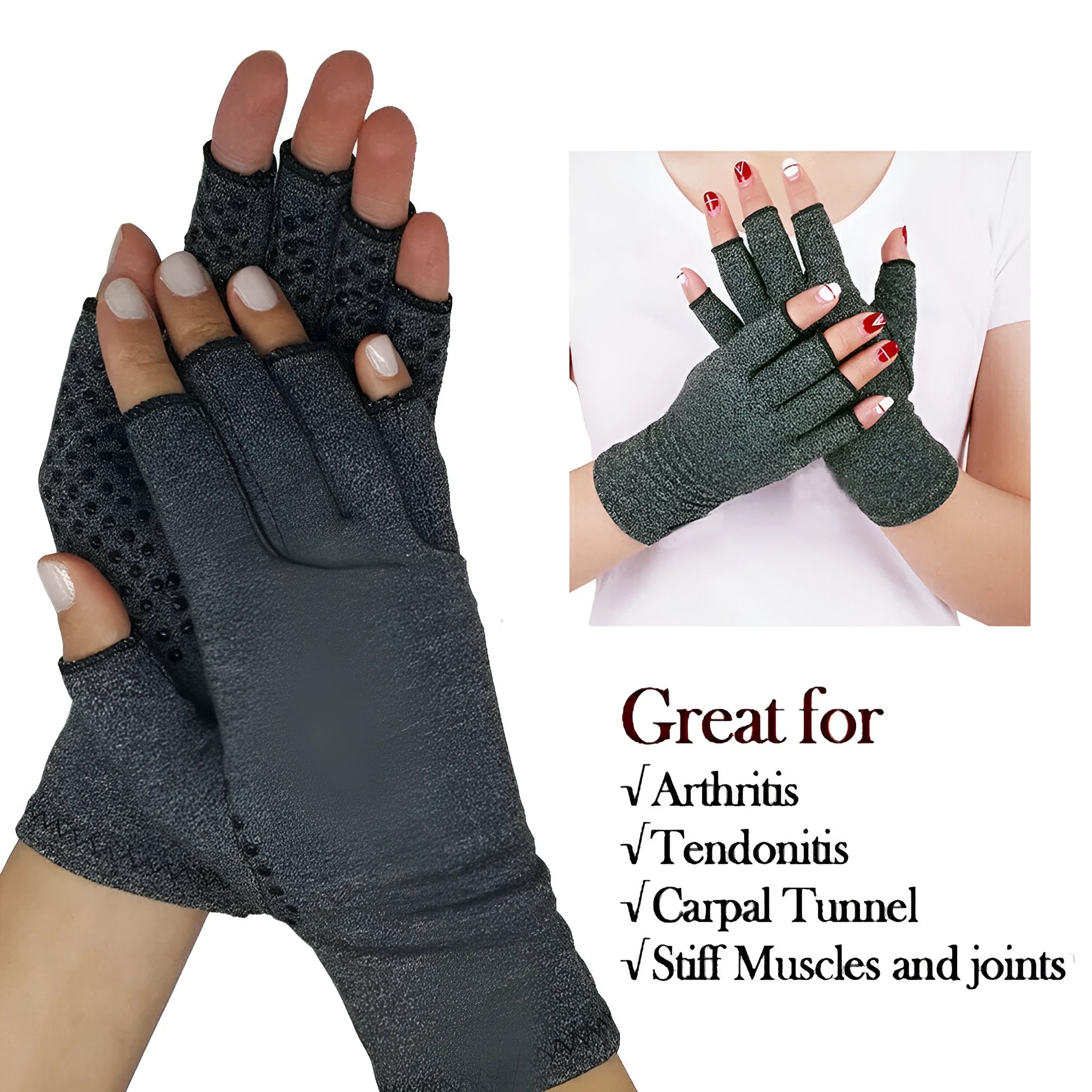 Grey half-finger joint compression gloves with anti-slip palm surface and breathable fabric