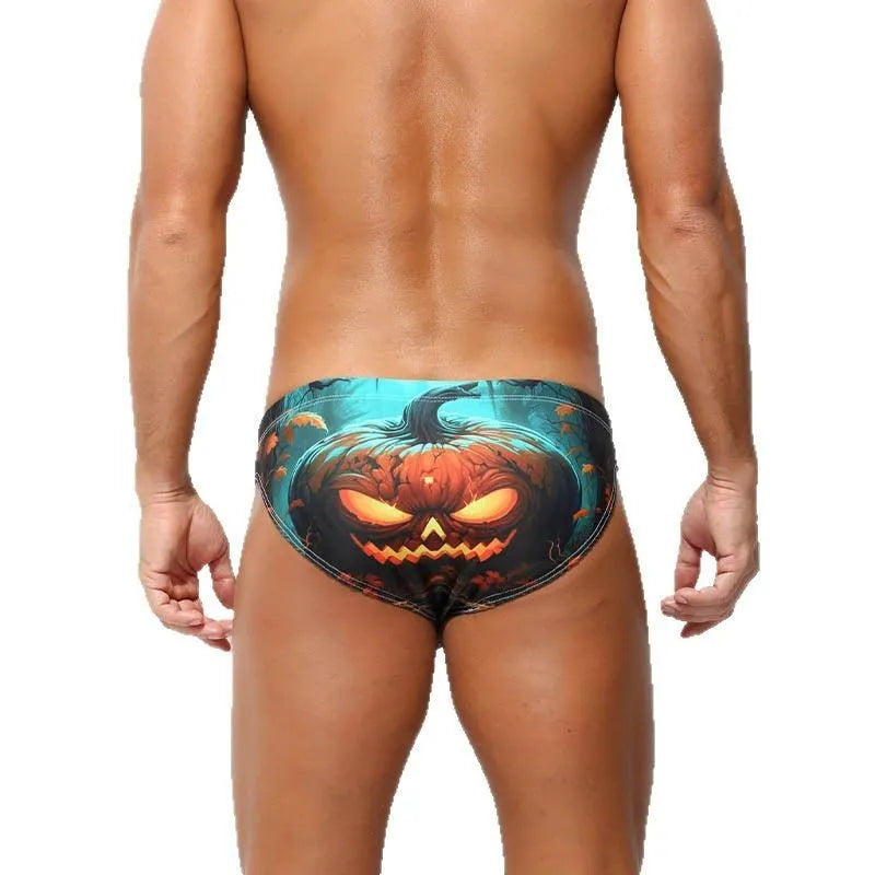 Men's quick-drying digital printed low waisted polyester shorts with fun devil theme Halloween pattern