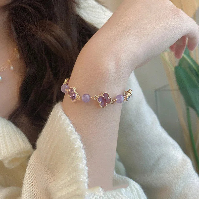 Artificial amethyst crystal bracelet for women with electroplated finish, U-shape design, four-leaf clover motif, and pearl elements