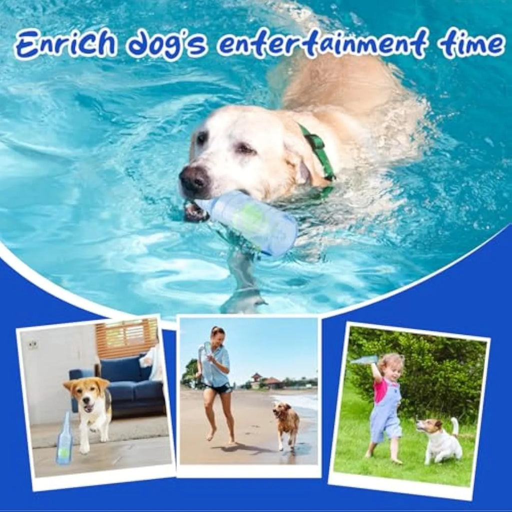 Water bottle dog toy in blue colour with squeaker at tail and internal tennis ball for interactive play