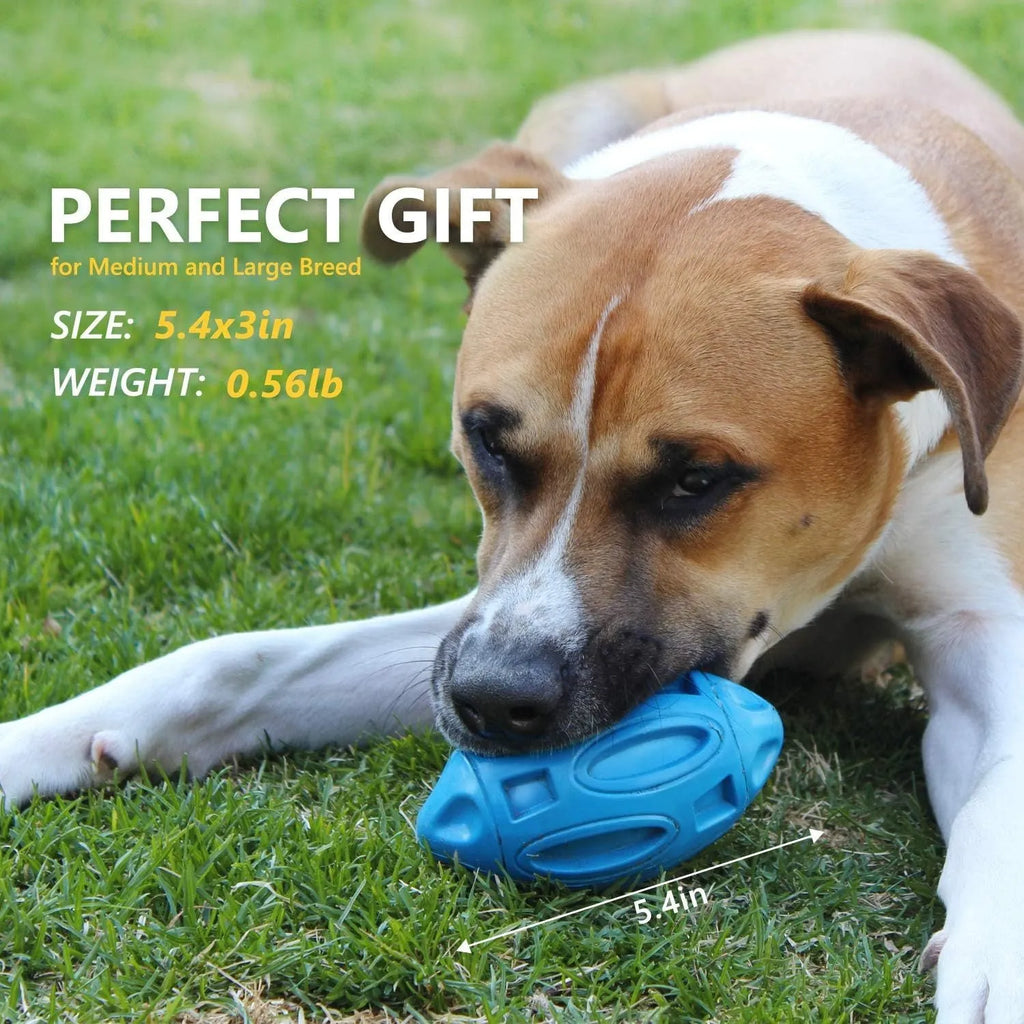 Blue, green, and orange rubber squeaky dog toy ball with grooved surface for aggressive chewers.