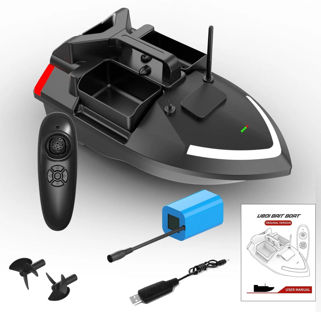 V020 model remote control fishing boat with GPS antenna showing 49cm length and black or luminous yellow colour options