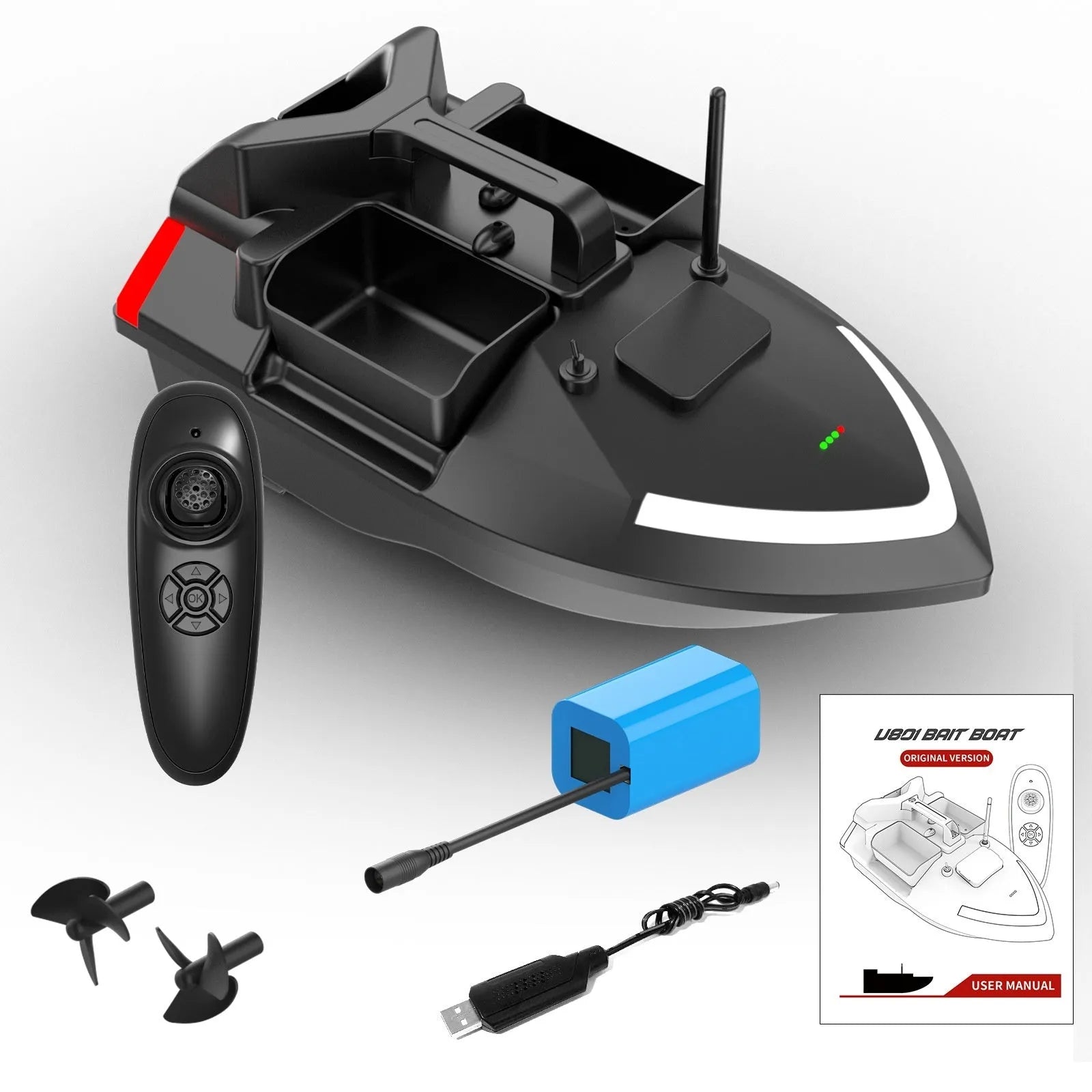 V020 model remote control fishing boat with GPS antenna showing 49cm length and black or luminous yellow colour options