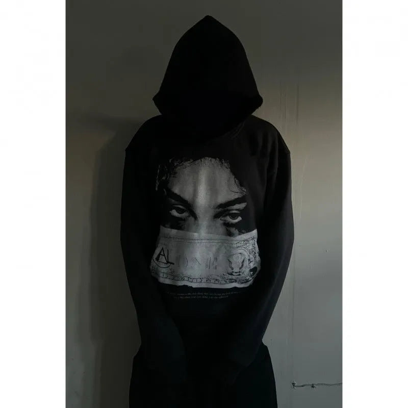 Women's loose fit black polyester hoodie with personalised dark printed design