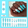 Long ballet-shaped press-on nail patches in solid smart blue diamond colour with glue bottle.