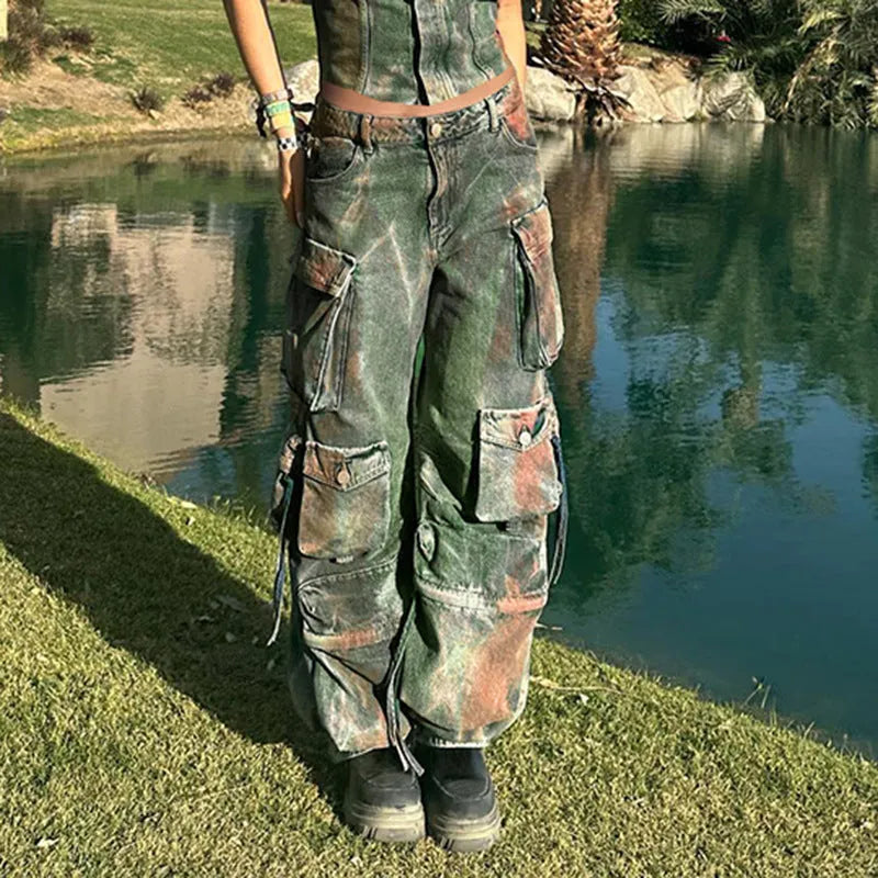 Retro colour multi-pocket loose cargo denim trousers showing gradient pockets and street hipster styling