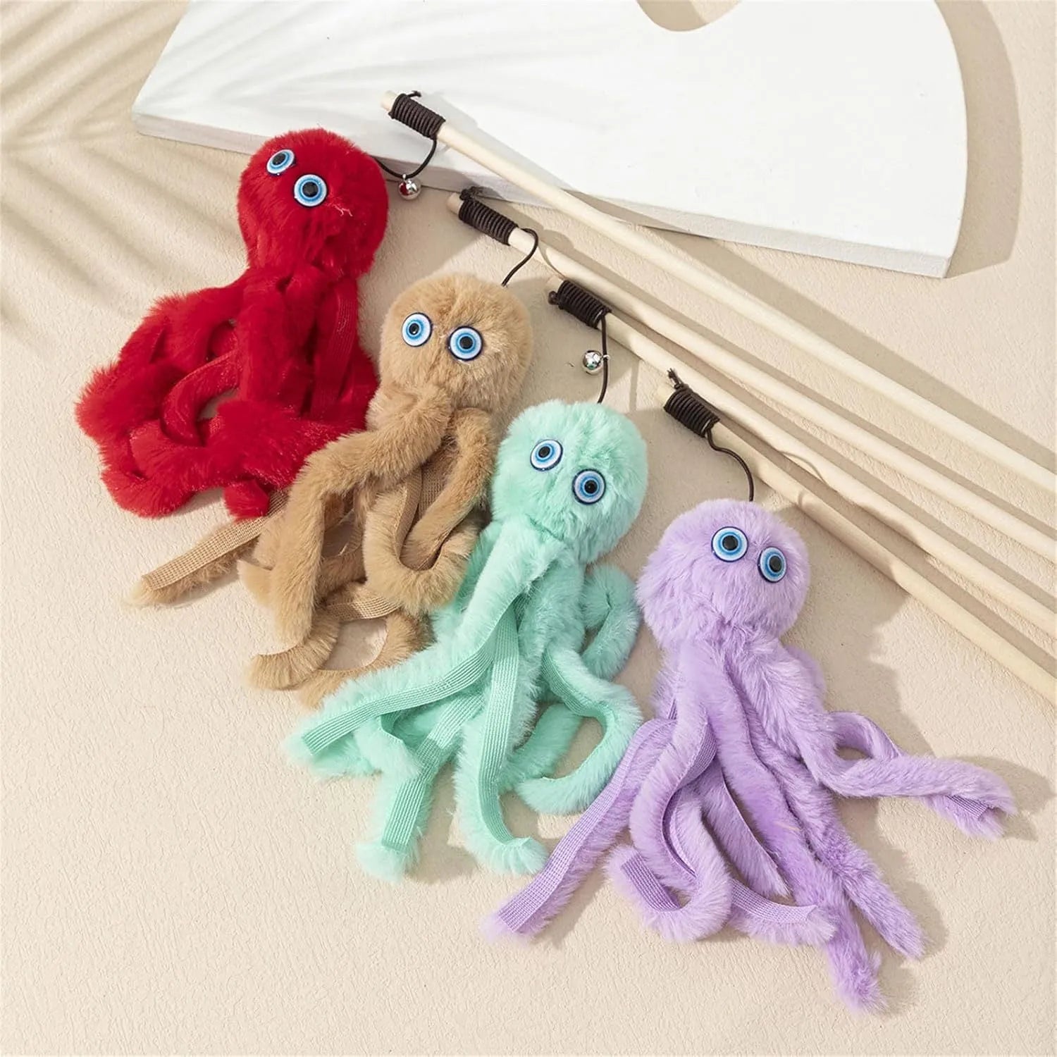 Furry octopus cat toy on long stick in bright colours for indoor kittens