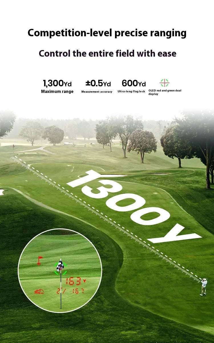 GenePro G1 black golf GPS rangefinder with AMOLED touchscreen showing distance measurement display