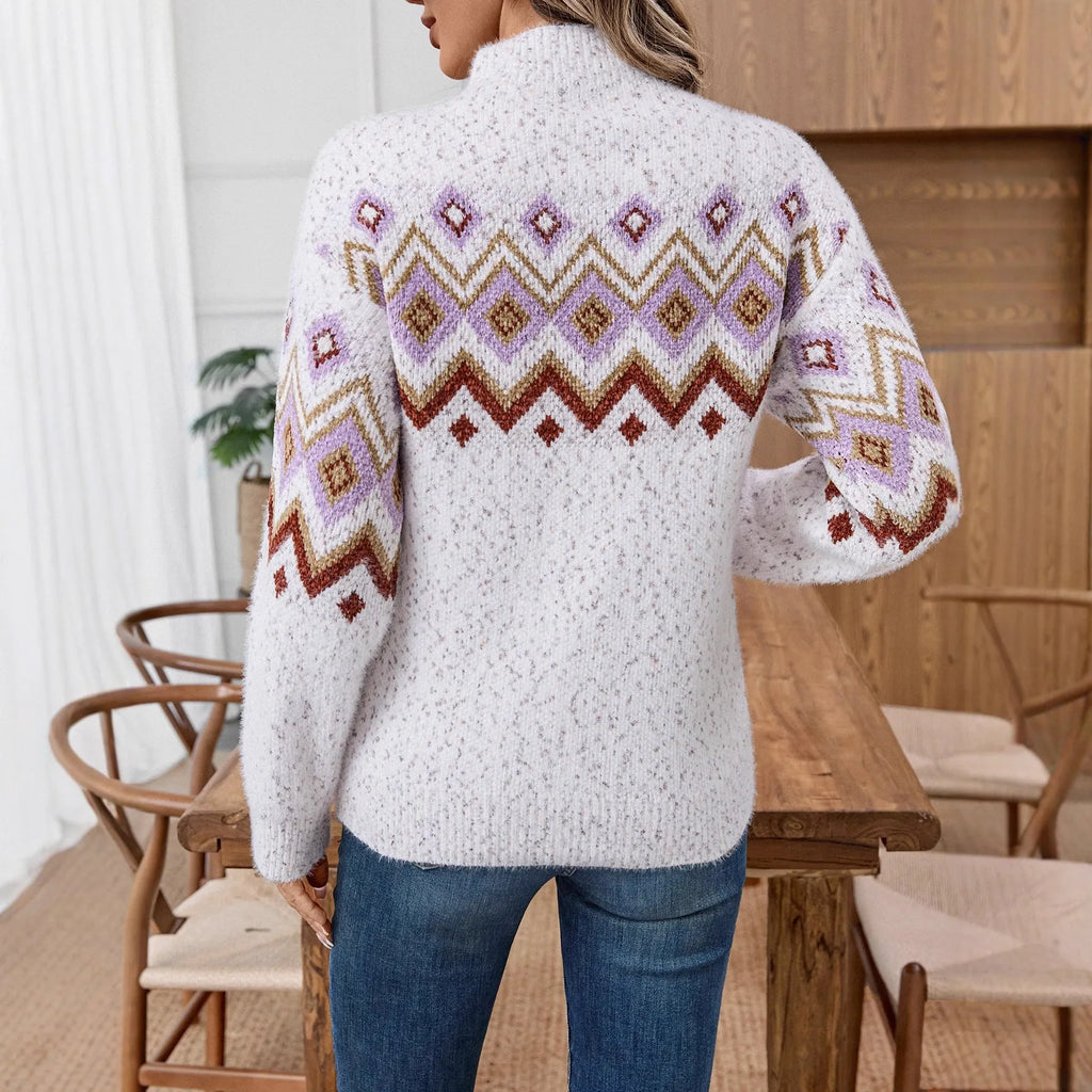 Women's white thick chenille half turtleneck sweater with geometric jacquard pattern, loose fit