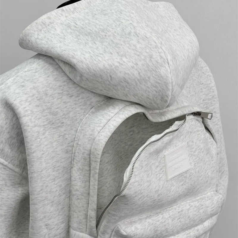 Hooded men's coat in light gray with backpack-style front pocket, polyester cotton blend, casual fit