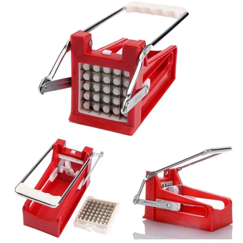 Potato cutter with two stainless steel blades and non-slip rubber foot on kitchen counter