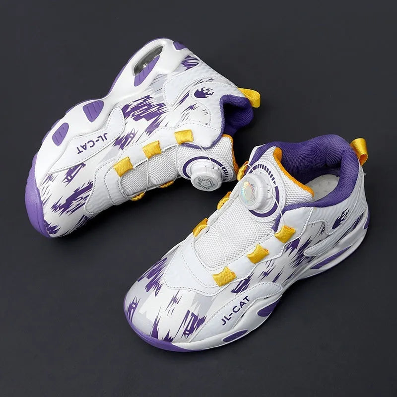 Children's rotating button basketball shoes in synthetic leather, shown in black colourway.