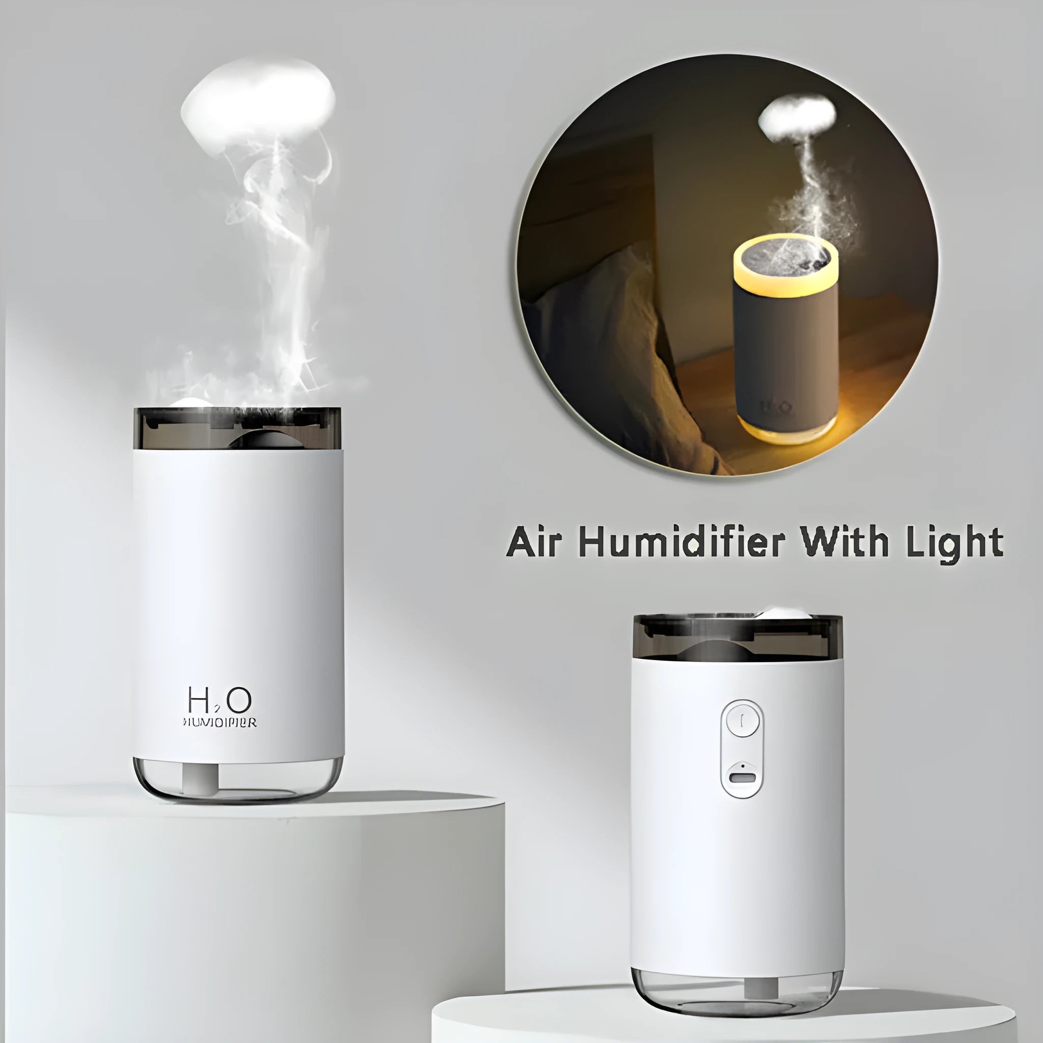 USB jellyfish humidifier creating smoke ring mist patterns with warm night light illumination