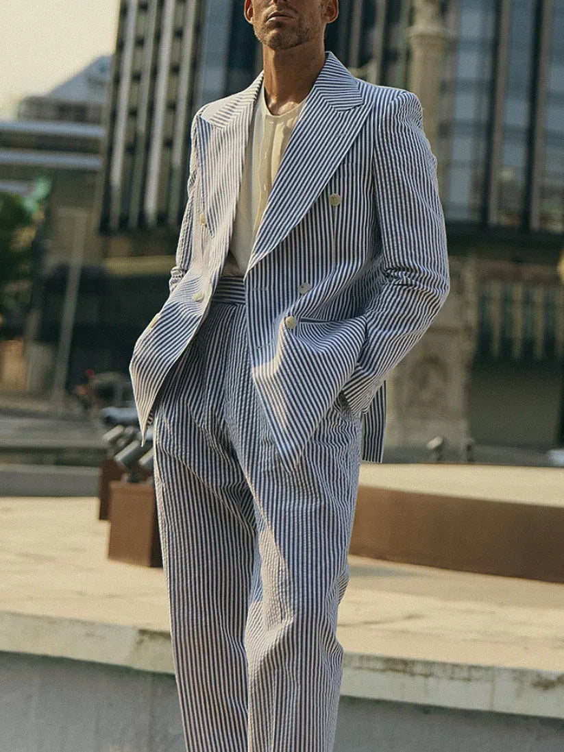 Blue and white striped polyester suit set with blazer and trousers regular fit