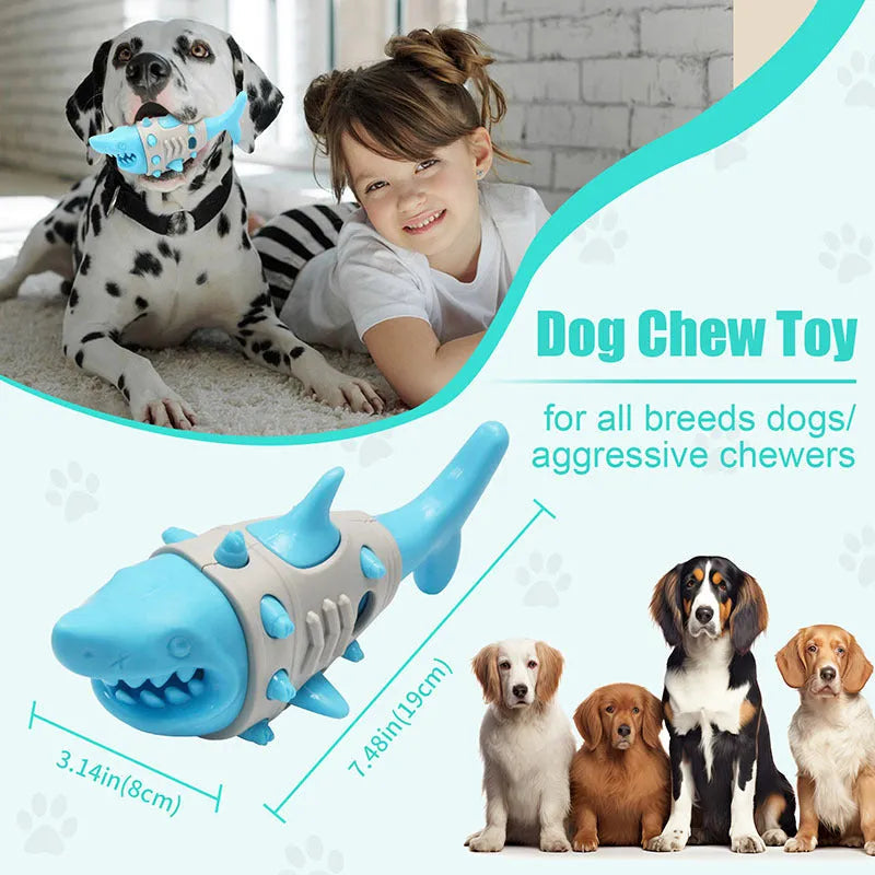 Dog teething leaky toy in blue with shark-tooth texture and vent holes