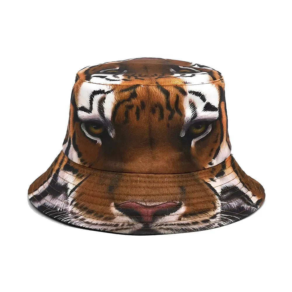 Tiger Pattern Bucket Hat European and American Outdoor Sun Protection Cap Khaki Tiger Black Tiger Dome Crown M 56-58cm Polyester Four Seasons Retro Style Unisex