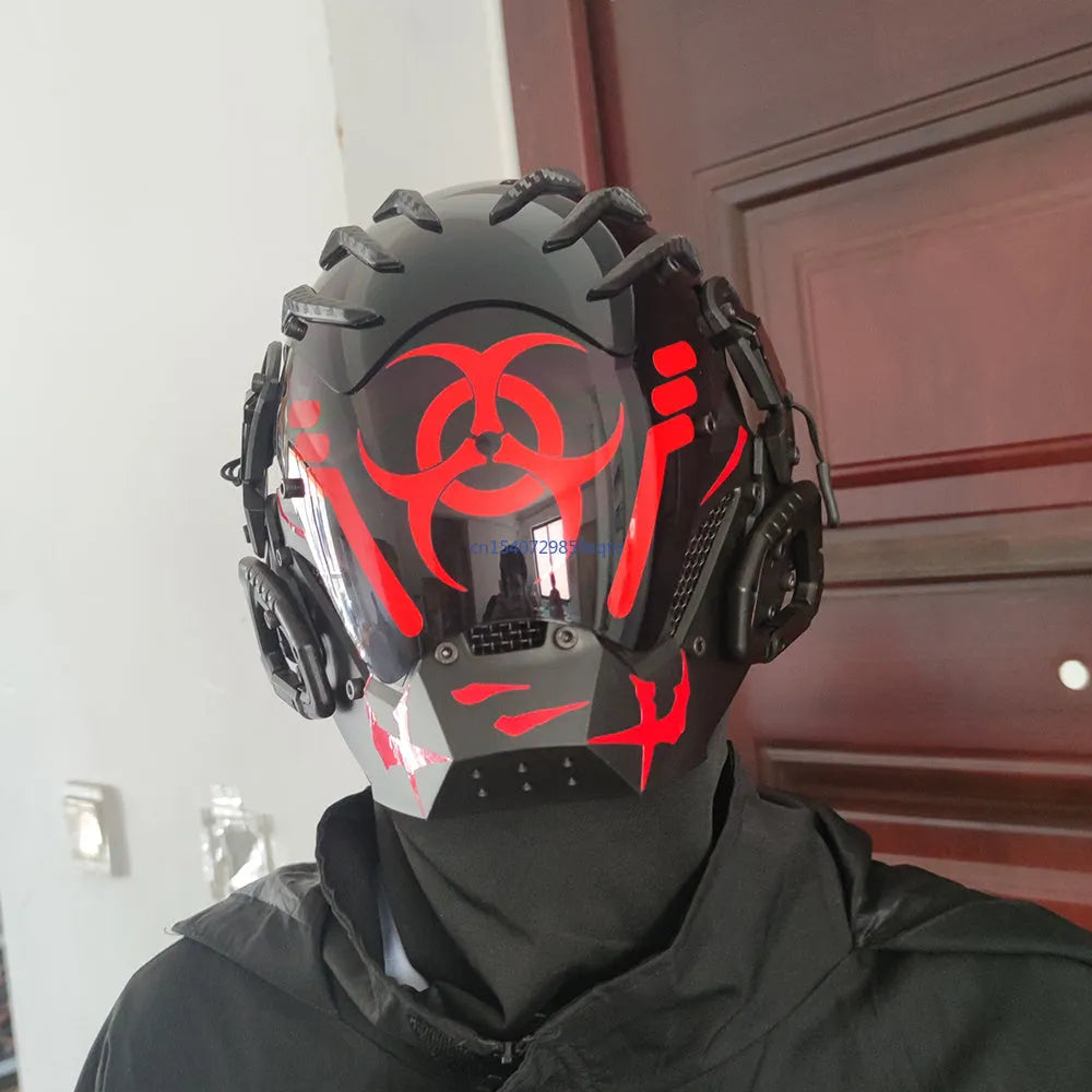 Black full face bioweapon tech prop mask showing complete helmet-style coverage