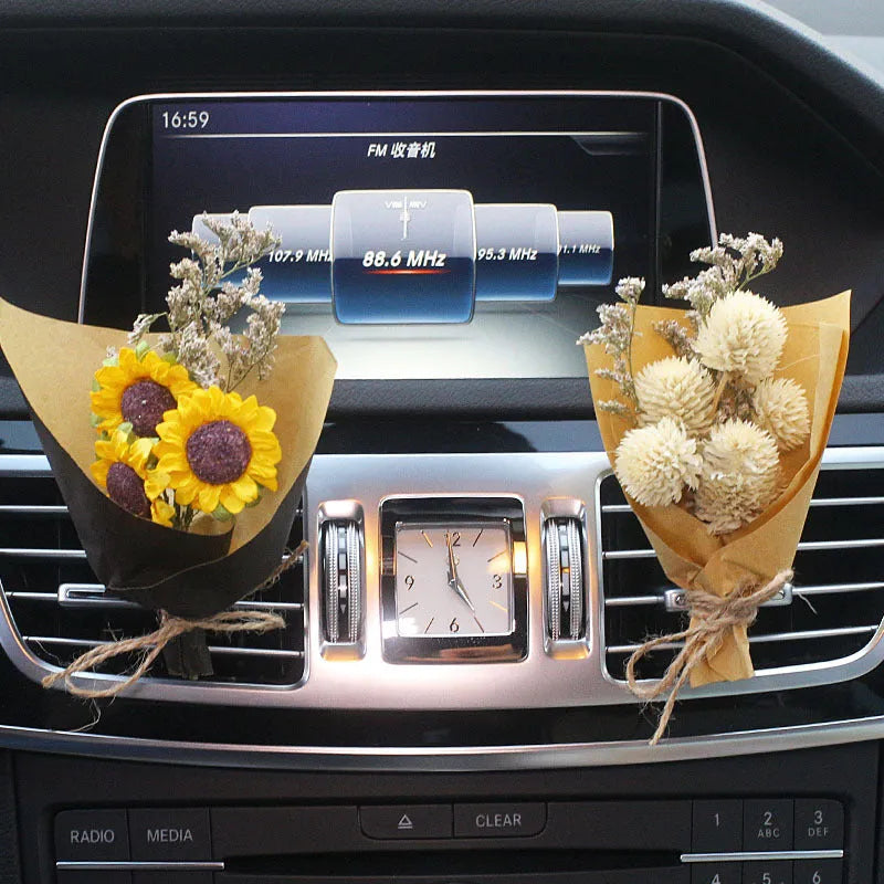 Mini car aromatherapy vent dried flowers bouquet with Blue Star dried flowers clipped onto a car vent