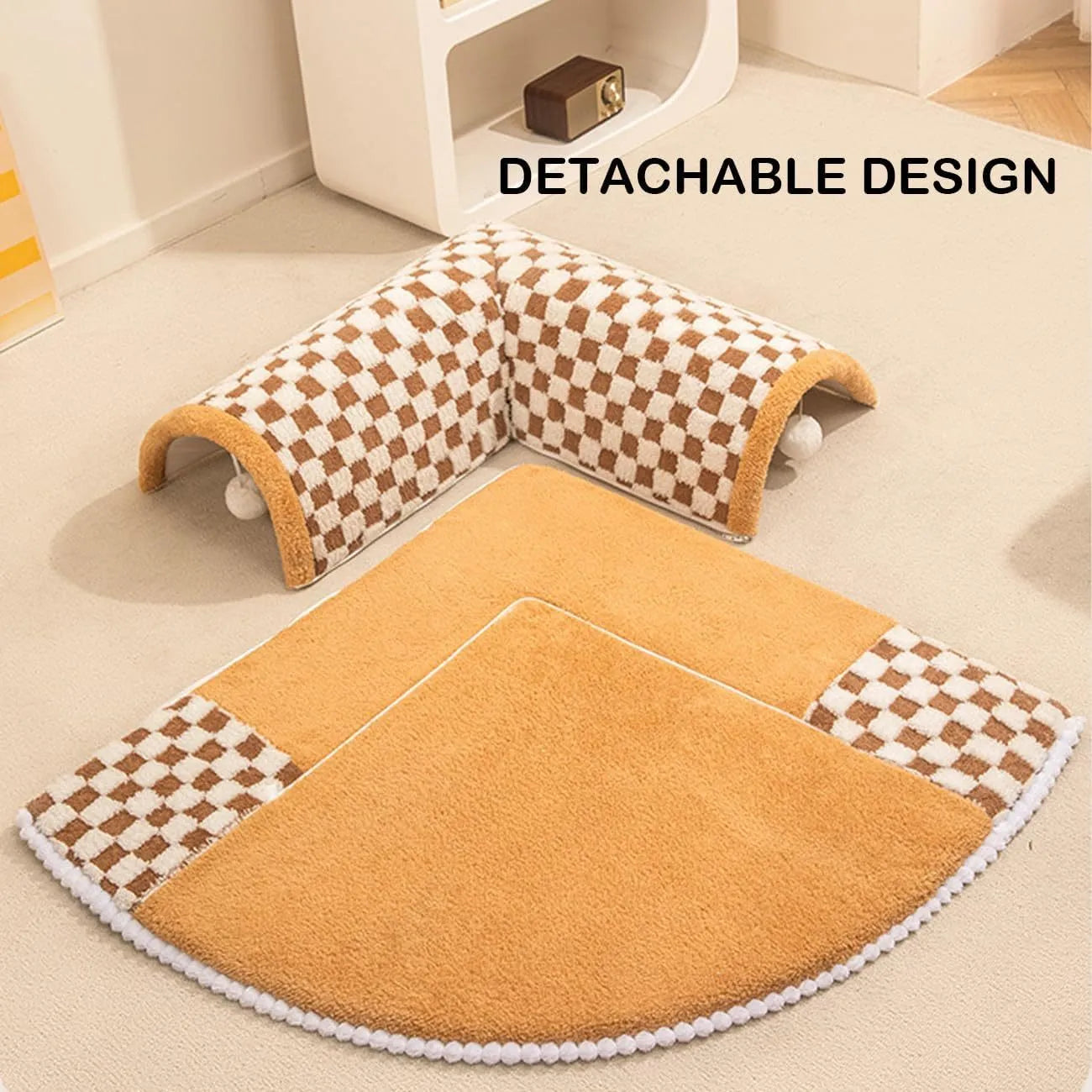 Coffee and yellow plaid fan-shaped pet bed tunnel with a thick plush mat and anti-slip base.