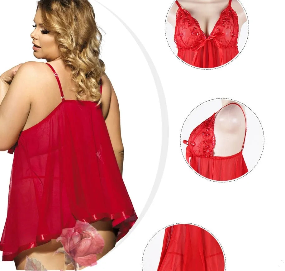 Women's sexy lace sling sleepdress in polyester, sizes up to 6XL, available in black and other colours