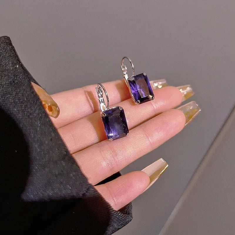 Women's square crystal earrings in copper, 25x10mm, available in purple red and yellow