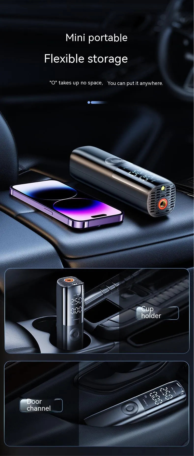 Black portable electric car air pump with digital pressure display and plug-in power cable