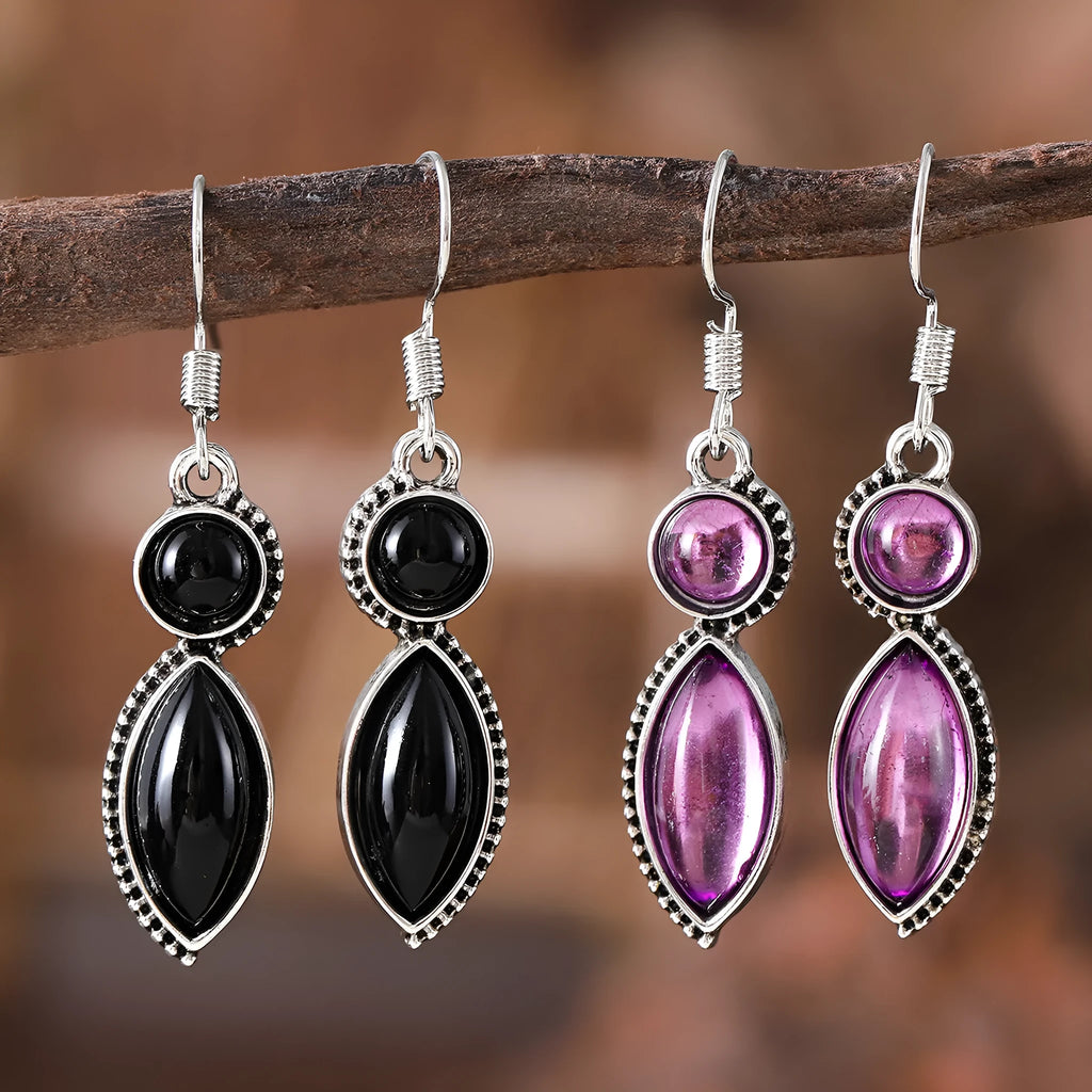 Vintage geometric zinc alloy earrings with electroplated black and purple finish and round decorative elements