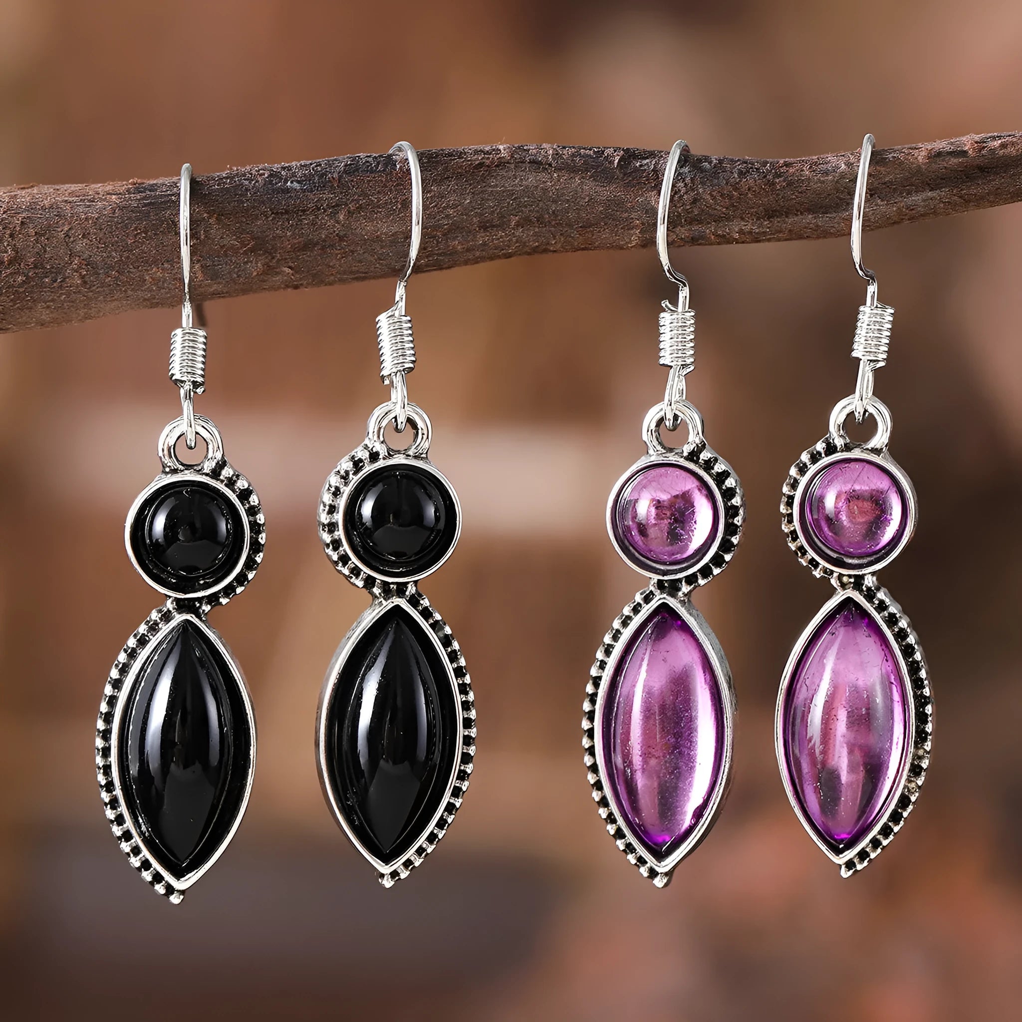 Vintage geometric zinc alloy earrings with electroplated black and purple finish and round decorative elements