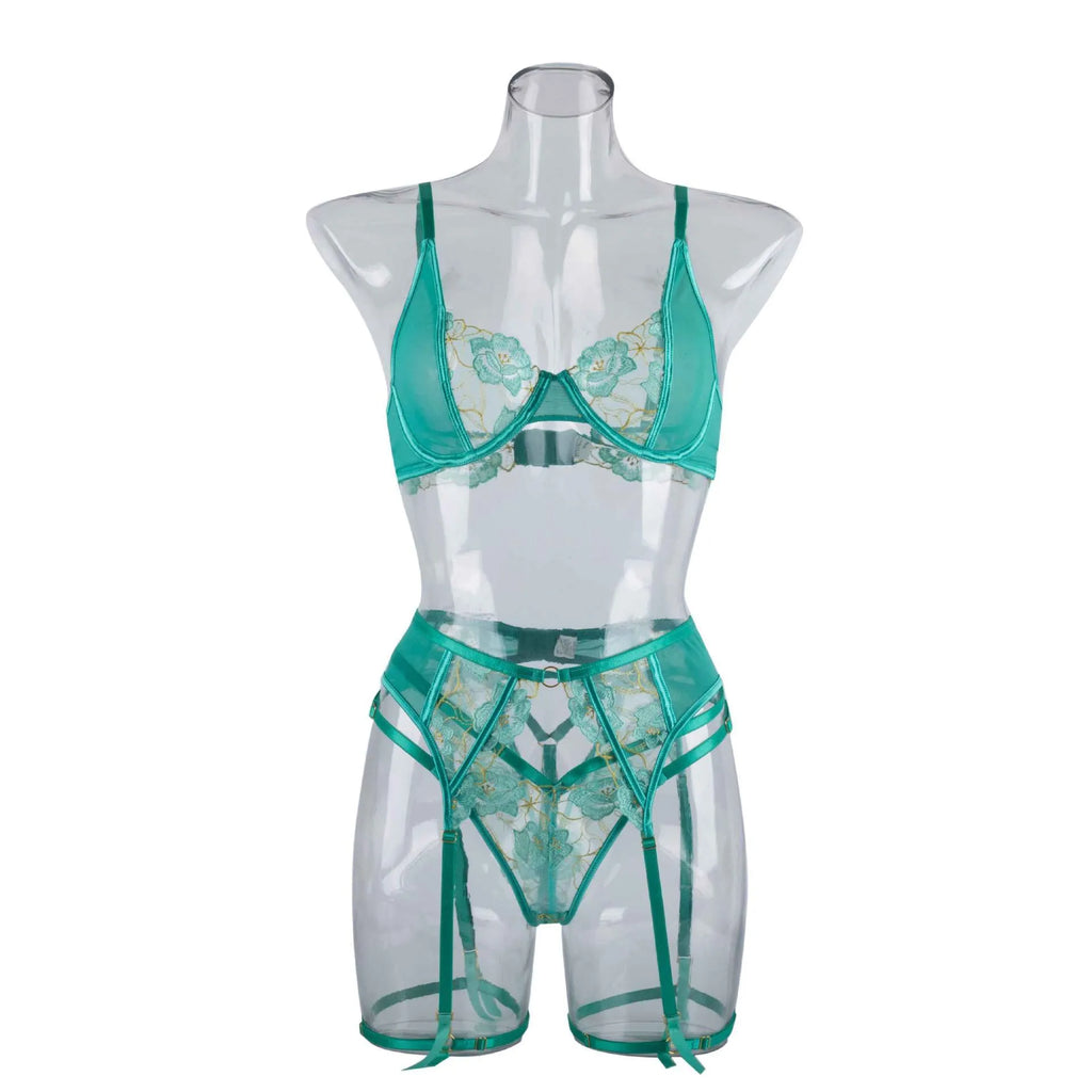 Women's embroidery bra set in light green polyester with three-point bra and matching tights