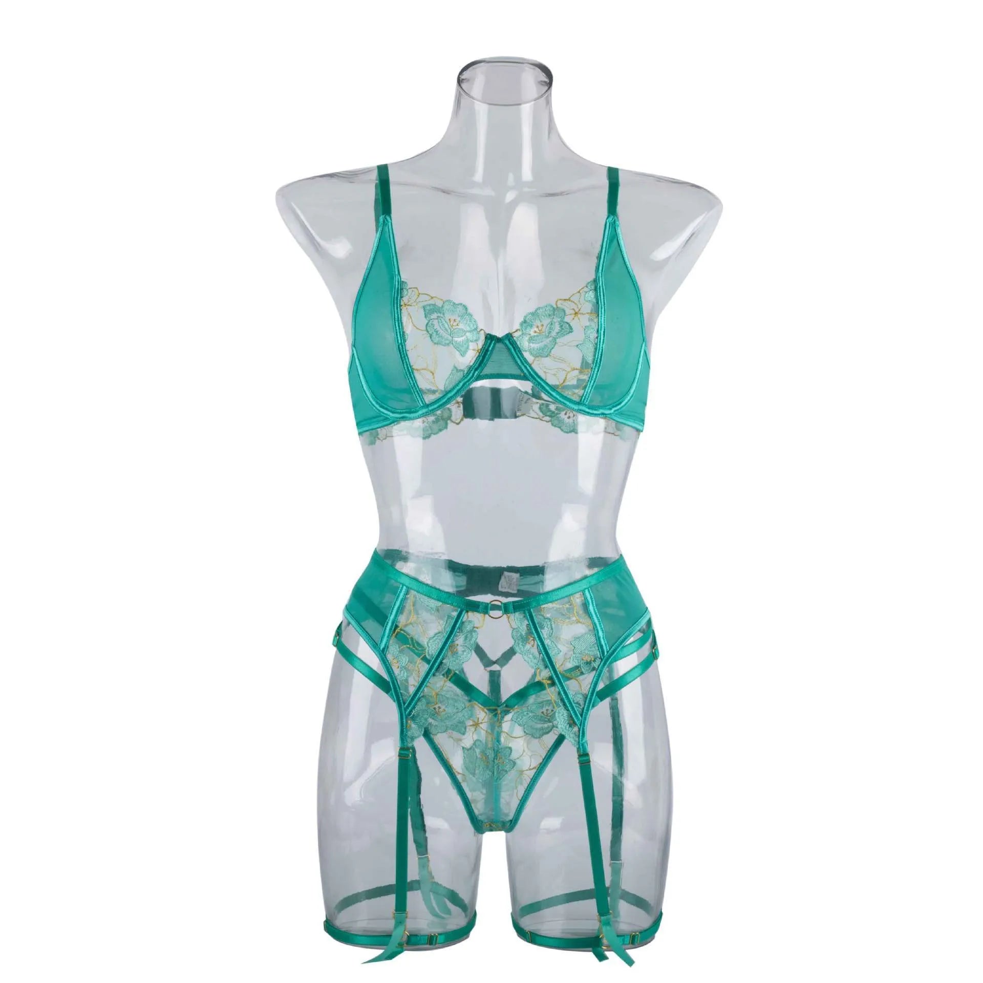 Women's embroidery bra set in light green polyester with three-point bra and matching tights