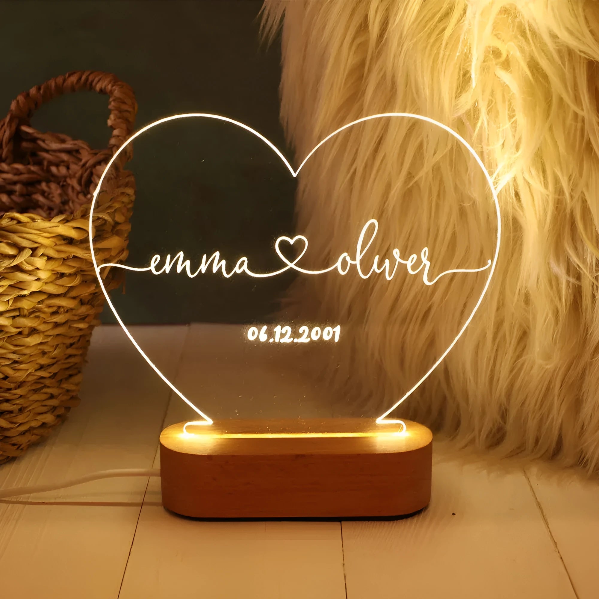 Custom names and date LED night light on transparent 20cm acrylic panel with USB power