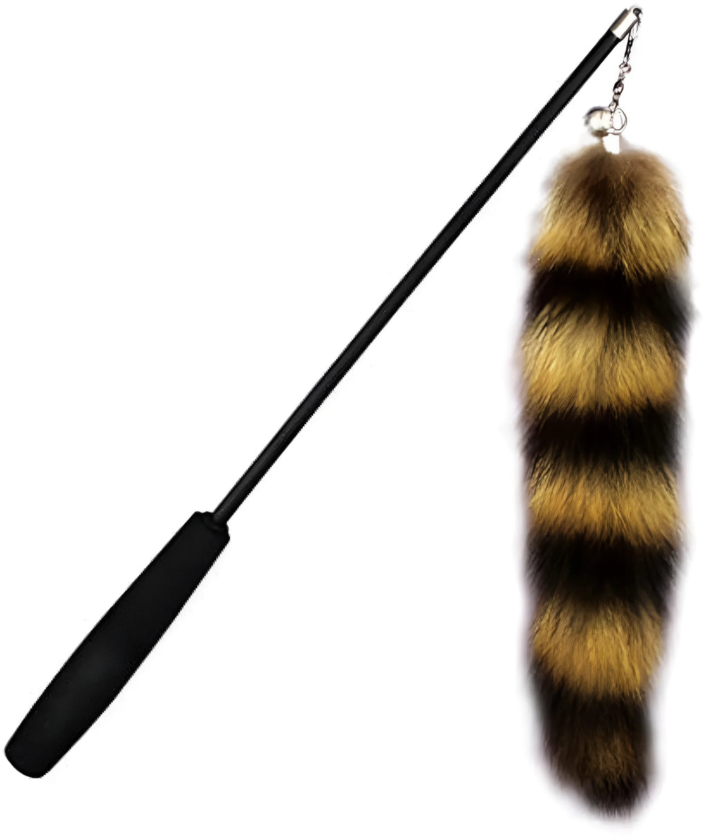 Black cat toy wand with feather teaser on 42cm elastic string for interactive play
