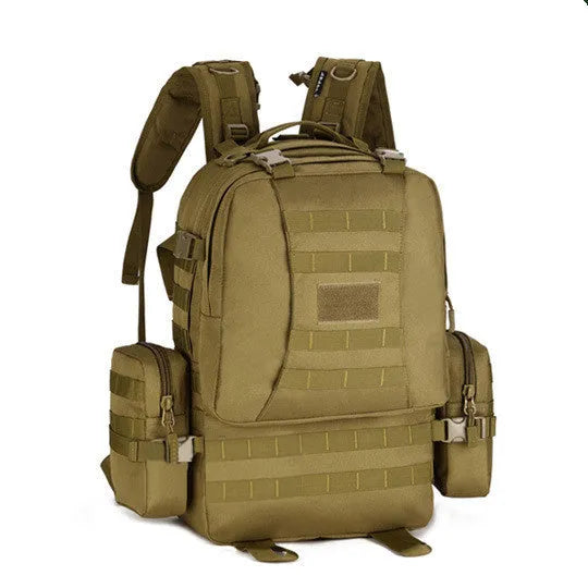 50L outdoor backpack in wolf brown with nylon fabric, multiple compartments, and webbing details