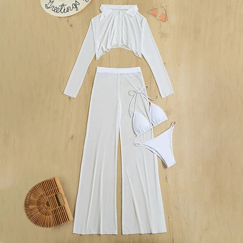 White women's four-piece swimsuit set with high waist and backless design, nylon spandex fabric