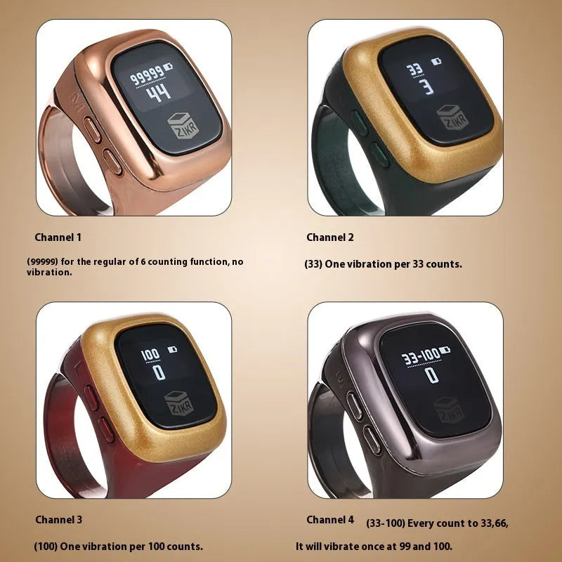 Electronic dhikr counter with digital display shown in various colours and bead sizes.