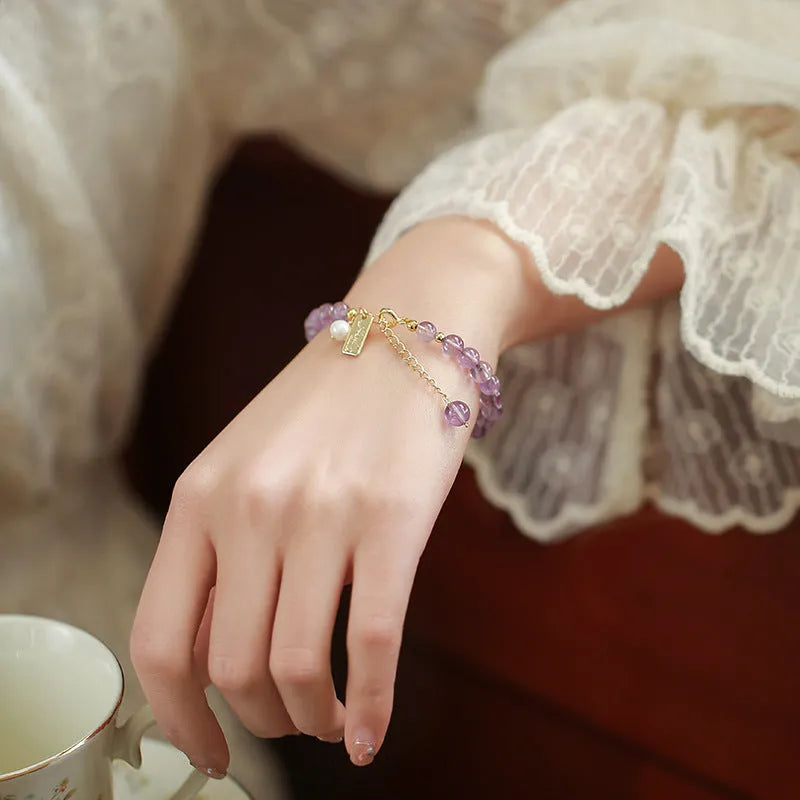 Natural crystal women's bracelet with romantic lavender amethyst beads in dark colour