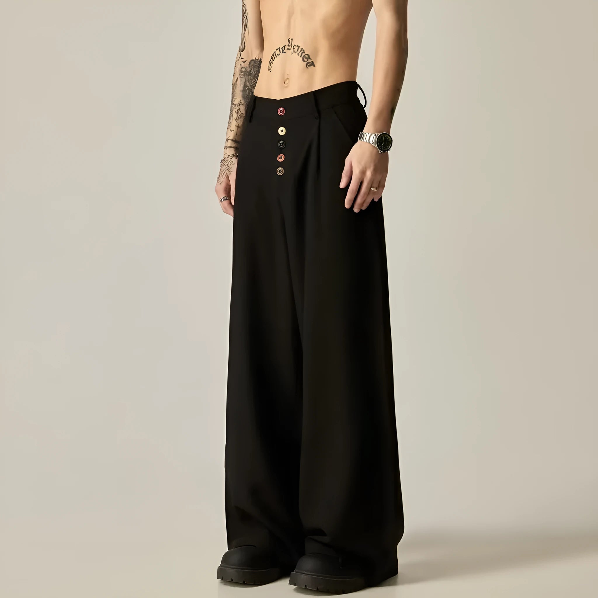 Men's solid colour wide-leg casual trousers in black with vertical tube design and button fastening