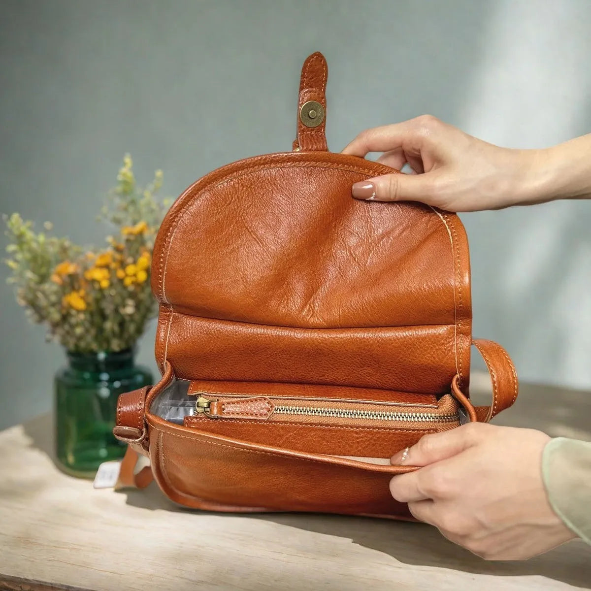 Genuine leather messenger bag in brown, soft shell shape with flap closure and visible sewing detail