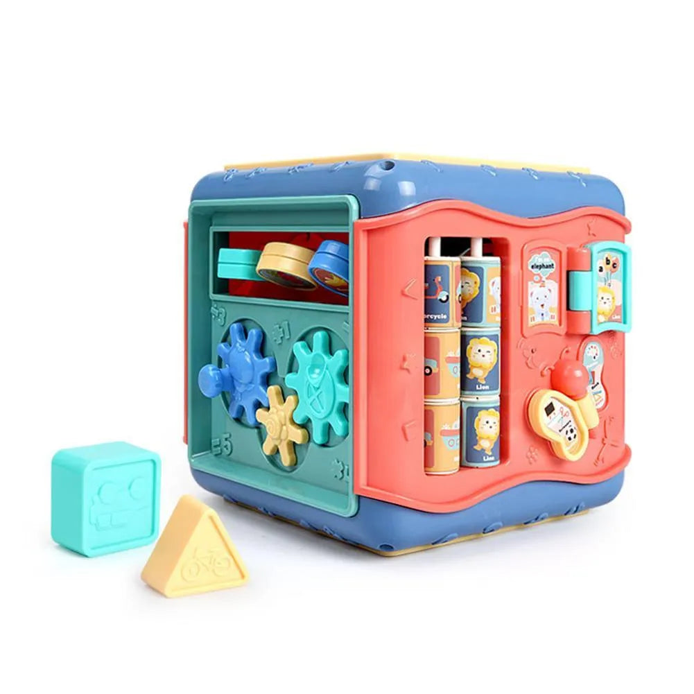 Six-sided educational cube toy with multiple activity panels including bead maze and shape puzzles