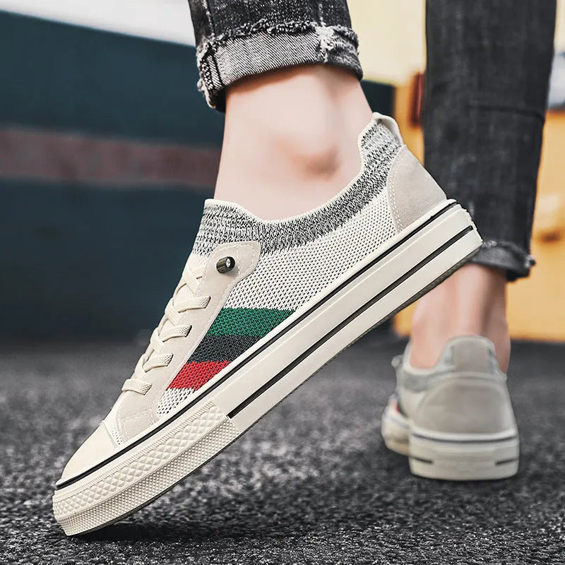 Breathable thin knitted mesh men's casual sneakers in beige with flat rubber sole and elastic band closure